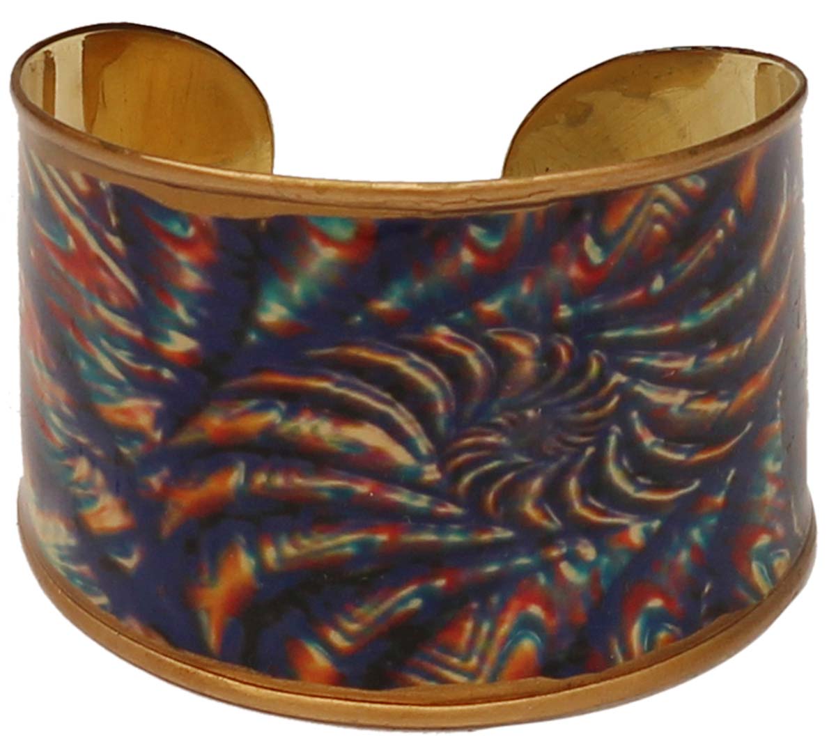 Brass Cuff Bracelet with Abstract Blue Pattern on Golden - 2.6” - Trendy Accessories / Gifts for Her - Buy in Bulk Wholesale